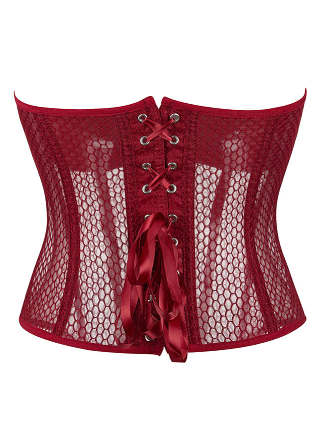 Women Sheer Mesh Strapless Bustier Lace Up Corset Back View