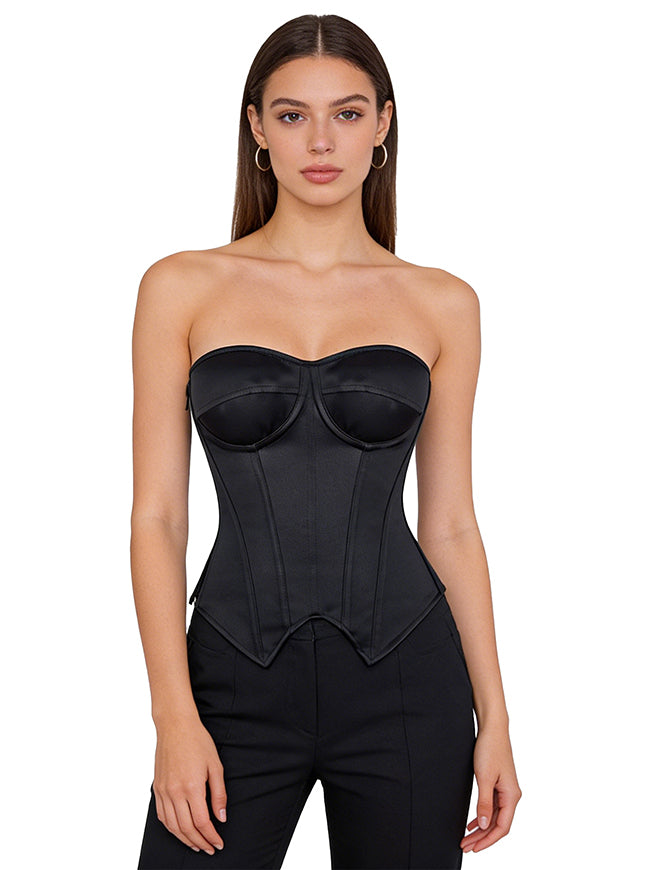 Women Black Strapless Corset Top Striped With Cups Model View