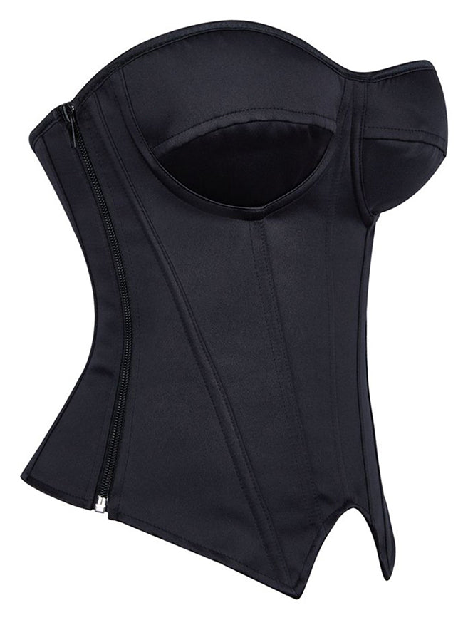 Black Bustier Boned Lace Up Satin Corset Side View