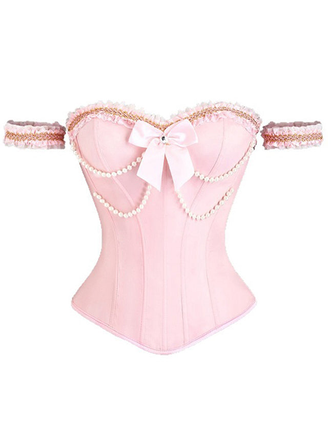 Women's Strapless Sweetheart Neckline Boned Lace Up Bustier Corset Top Pink Main Image