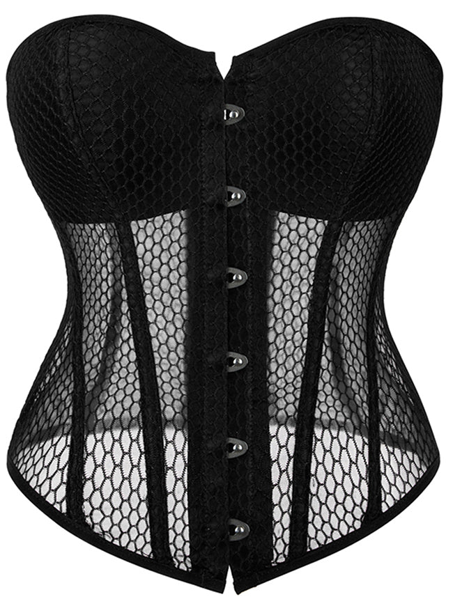 Kimring Women's Mesh Lace Up Body Shaper Overbust Corset Top with Built-in Cups Black Main Image