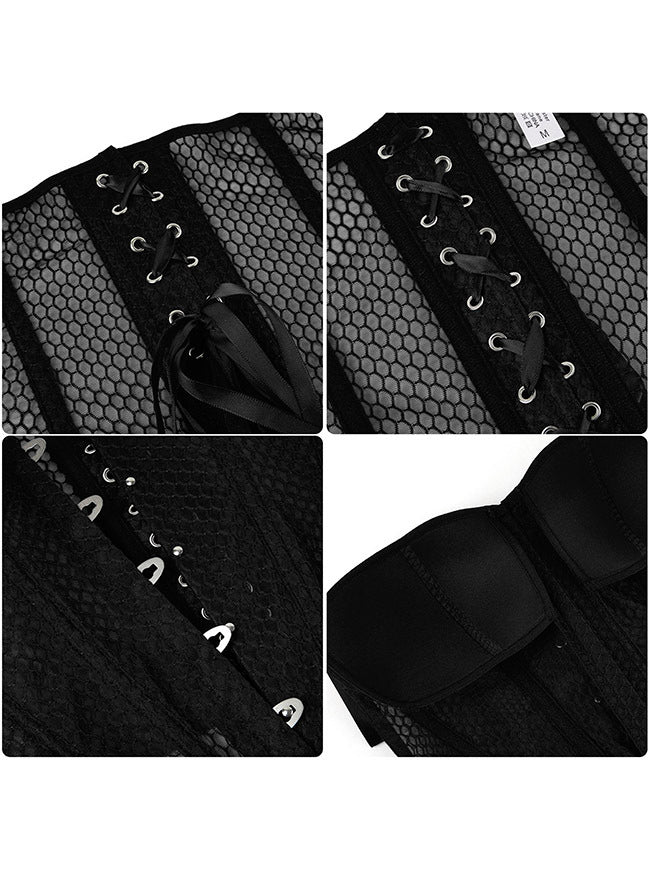 Women Black Boned Sheer Bustier Top Corset Detail View