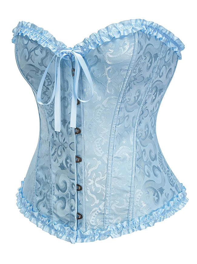 Women Blue Floral Victorian Lace Up Corset Top Side View