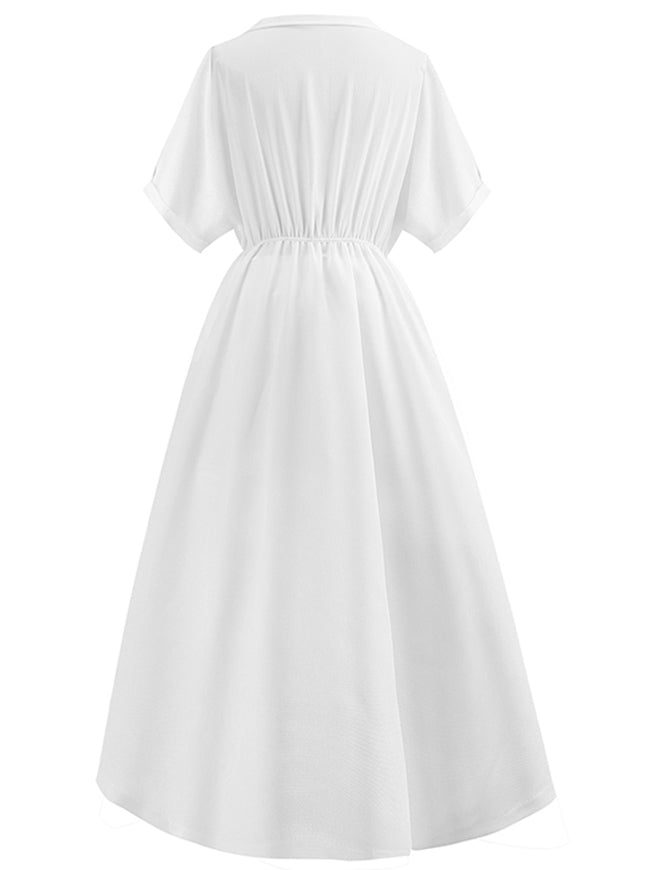 1950s Vintage Deep V Short Sleeves Pleated Casual Dress White