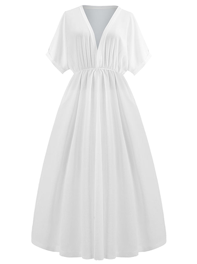 Vintage Elegant Sheer V Neck Chiffon Waist Cinched Midi Dress