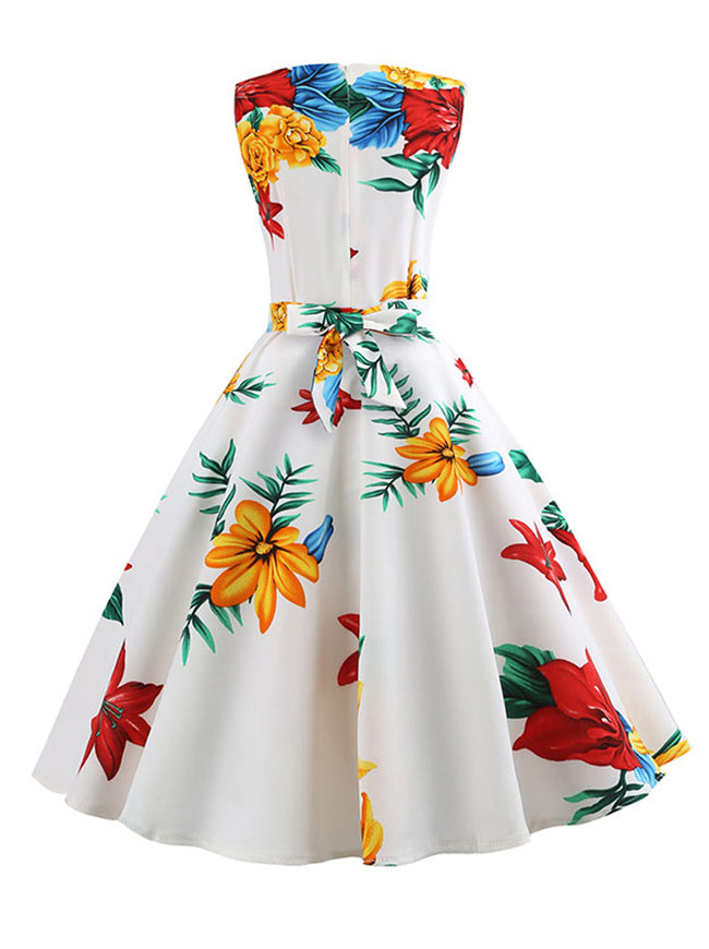 Fancy Floral Printed Spring High Waist Cocktail Party Swing Midi Dress White Back View