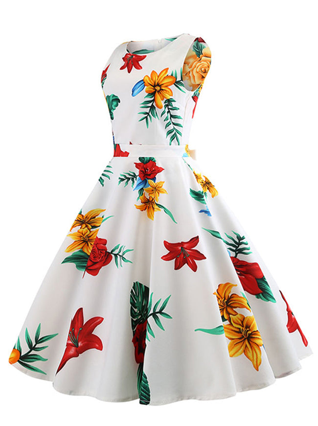 Casual Floral Printed Spring Sleeveless Cocktail Party Swing Midi Dress White Side View