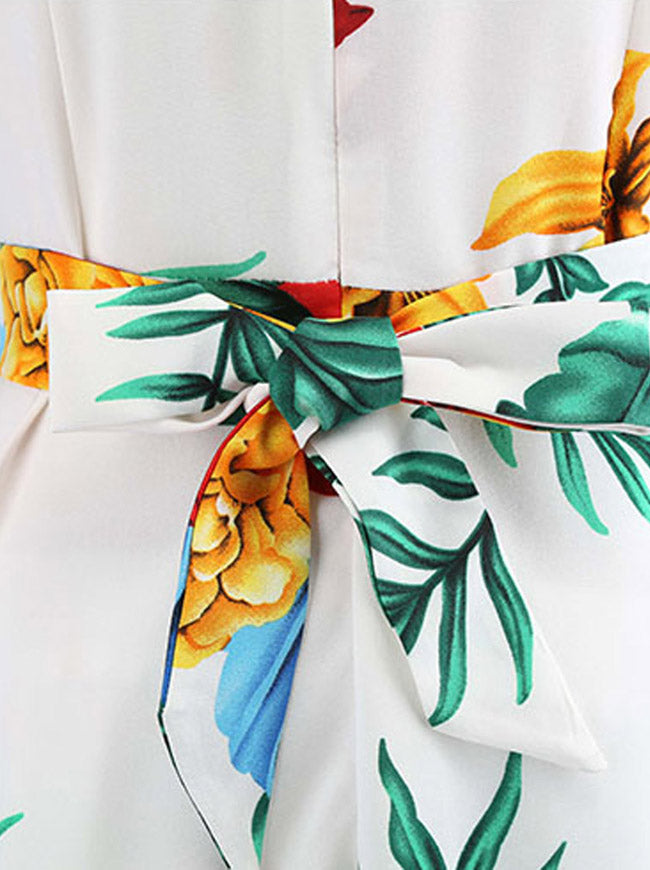 Elegant Floral Printed Spring Wedding Guest Midi Dress White Detail View