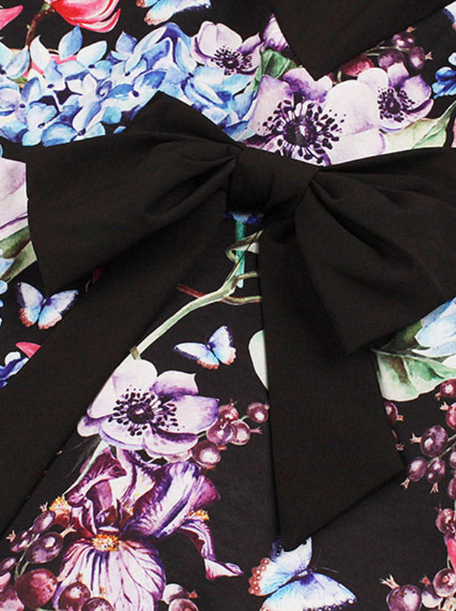 Pleated Swing Puffy Evening Party Cocktail Homecoming Prom Vintage Flared A-line Tea Bow-knot Retro Floral Midi Dress Detail View