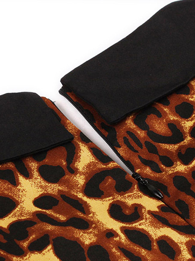Classical Retro Rockabilly Leopard Print Square Neck Midi Dress Detail View