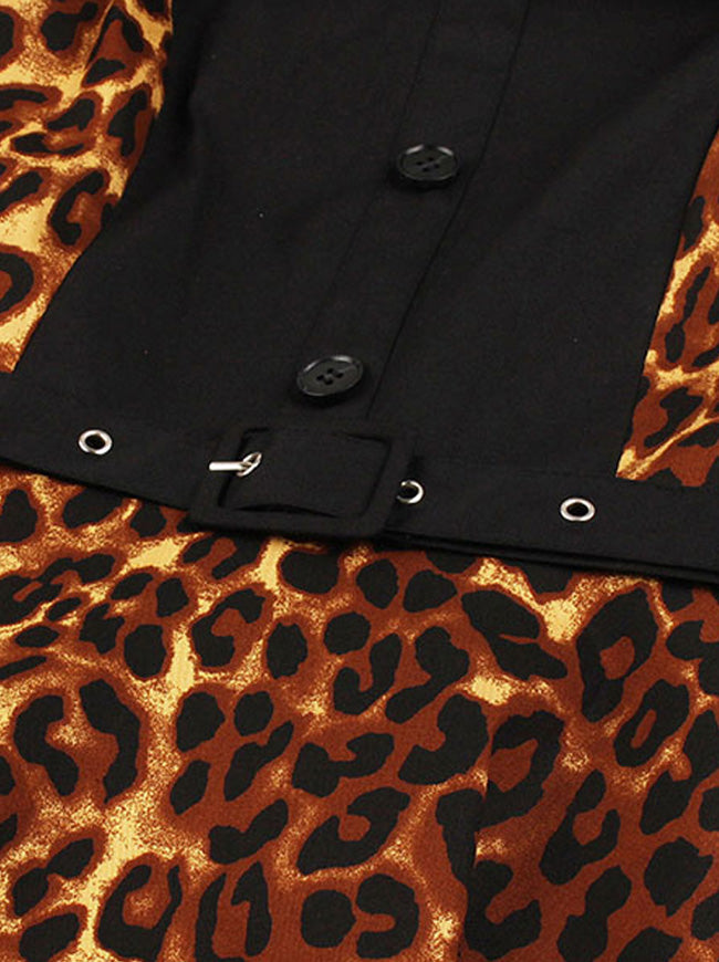 50S Retro Fancy Nostalgic High Waist Leopoard Print Belted Homecoming Daily Party Casual Dress Detail View