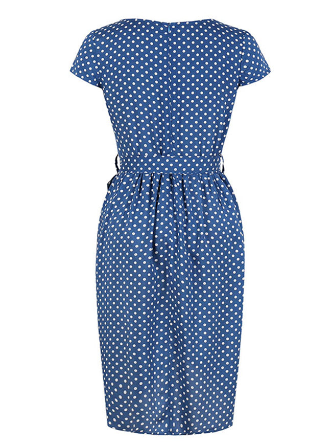 Fashion Elegant Women Short Sleeve Cotton Round Dot Round Neck Fit And Flare Dress Back View