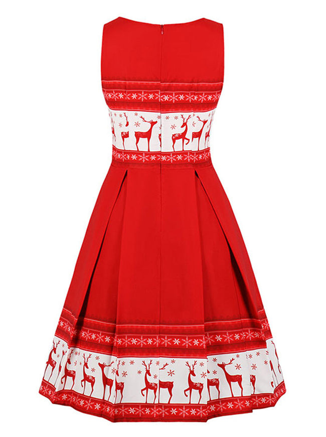 Fashion High Quality Casual All-match Red Pleats Reindeer Snowflake Print Round Neck Sleeveless Midi A-Line Dress Back View