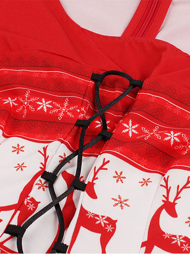 Fashion Lovely Lady Pleats Midi Casual High Waist Holiday Christmas Themed Swing Dress Detail View