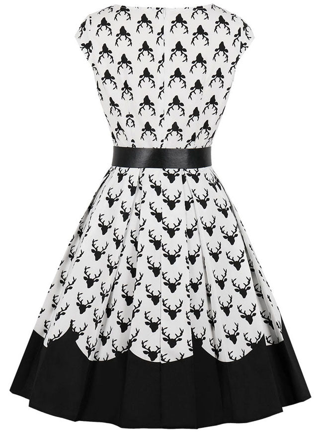 Casual Peter Pan Collar Reindeer Printed Garden Party Picnic Dress with Belt White/Black Back View