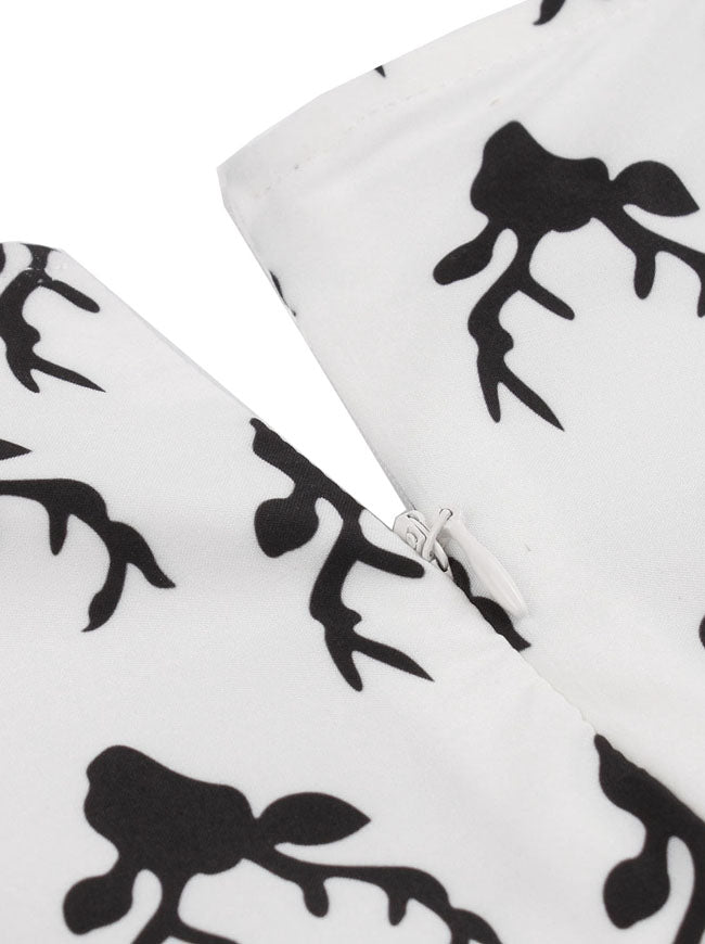 Fashion Peter Pan Collar Reindeer Printed Daily Wear Dress with Belt White/Black Detail View