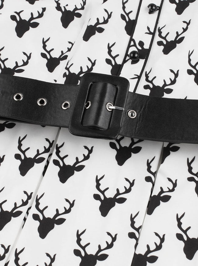 Elegant Peter Pan Collar Reindeer Printed Pleated Dress with Belt White/Black Detail View