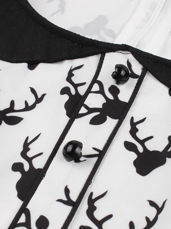 Vintage Peter Pan Collar Reindeer Printed Cocktail Party Dress with Belt White/Black Detail View