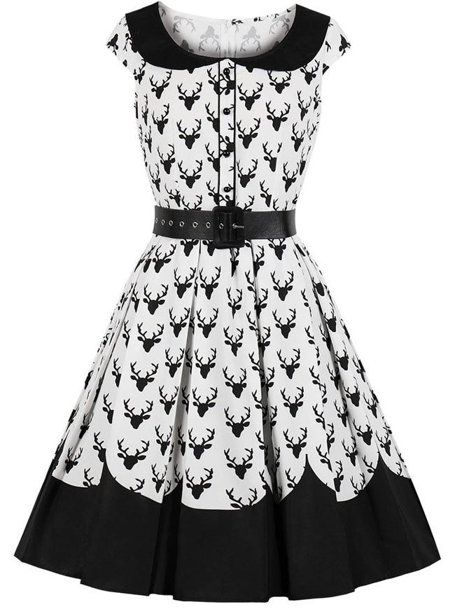 Lovely Peter Pan Collar Reindeer Printed Pleated Dress with Belt Main View