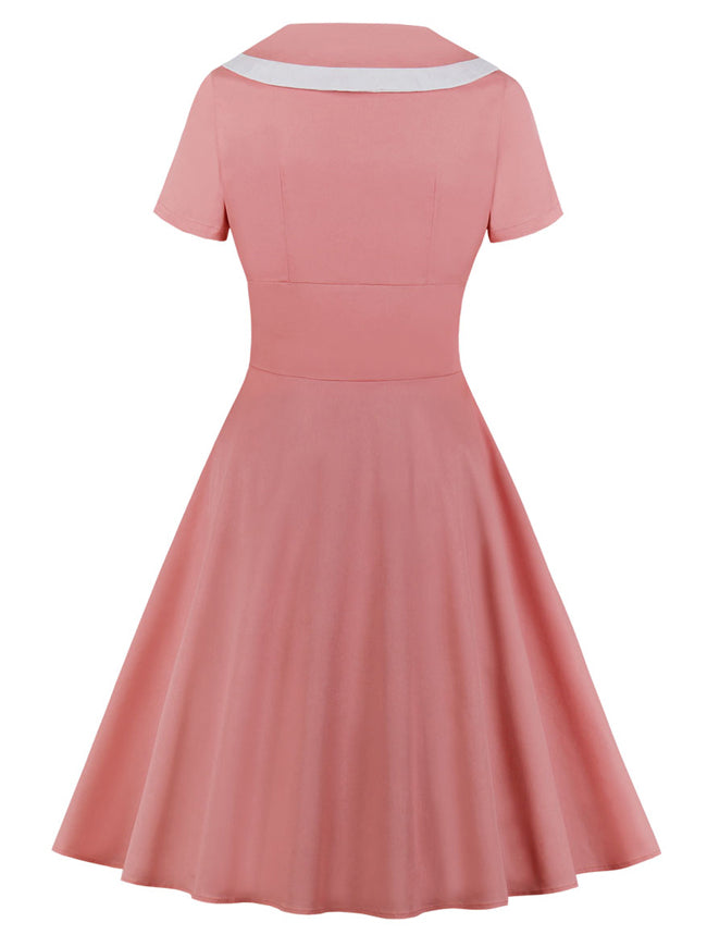 Lovely 1950S Vintage Lady Pink Cap Collar Double Breasted Cotton Midi A-Line Dress Back View