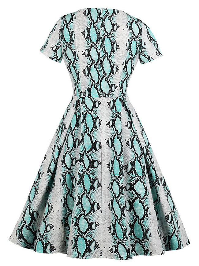 Summer Vintage Snakeskin Print Short Sleeves V-Neck Swing Dress