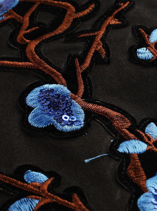 Women's Fashion Floral Embroidery Half Sleeves A-Line Swing Summer Dress Black Detail View