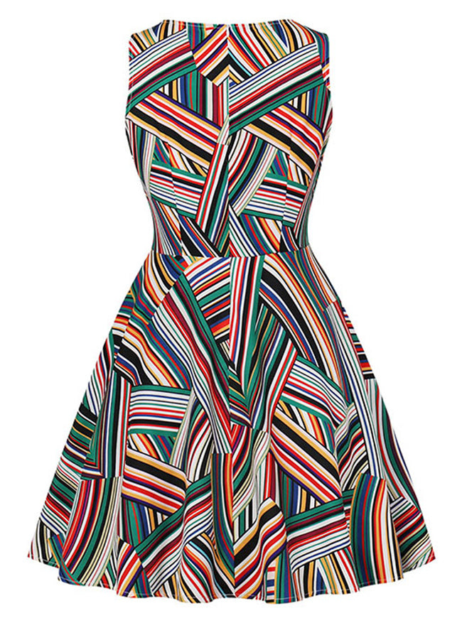 Casual Irregular Striped Sleeveless Fit and Flare Cocktail Party Swing Dress Multicolored Back View