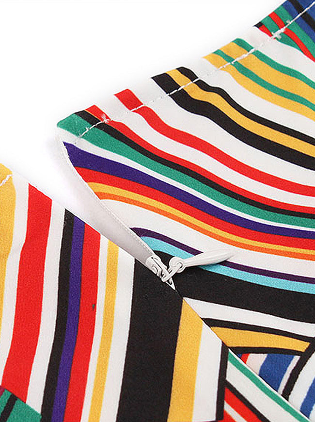 Vintage Irregular Striped Sleeveless Fit and Flare High Waist Swing Midi Dress Multicolored Detail View