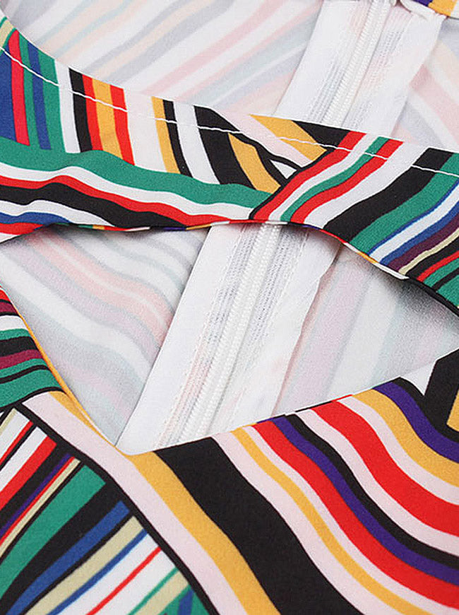 Elegant Irregular Striped Sleeveless Fit and Flare Neck Sleeveless Spring Dress Multicolored Detail View