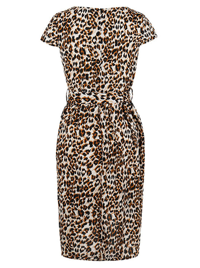 Casual Leopard Printed Round Neckline Belted Cocktail Party Pencil Dress Brown Back View
