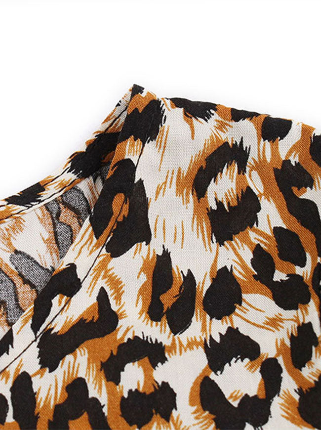Vintage Leopard Printed Round Neckline Belted Party Dress Brown Detail View