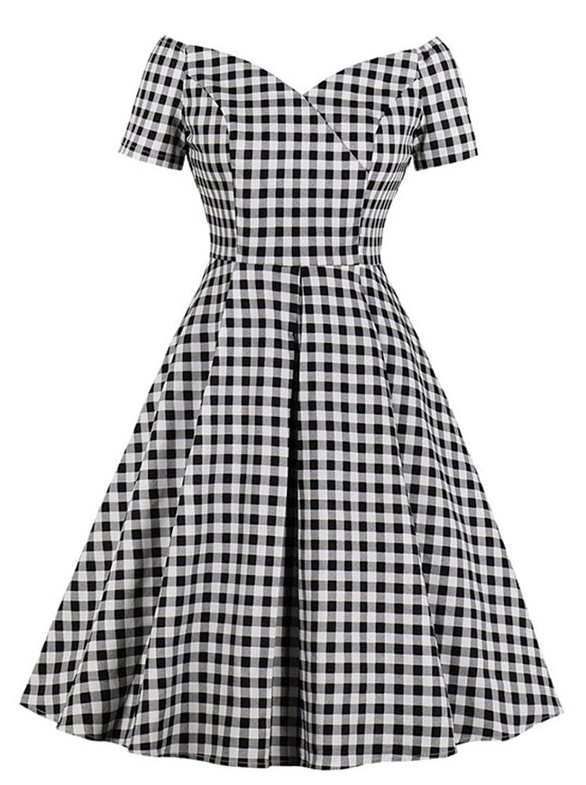 Vintage Retro Audrey Hepburn High Waist Off-Shoulder Plaid Dress