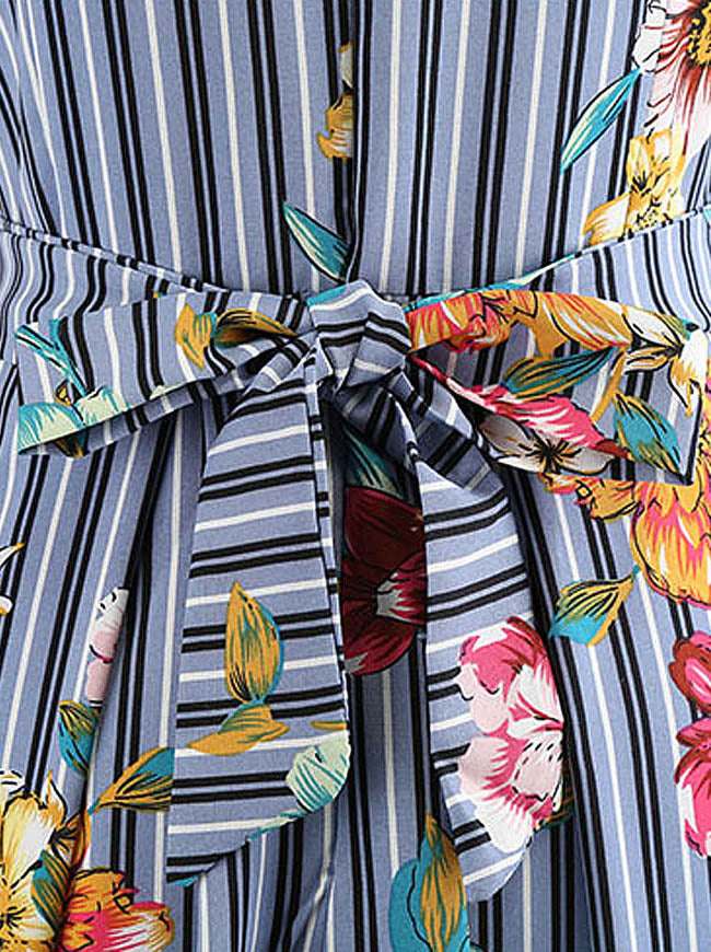 Women's Vintage Spring Garden Picnic Striped Holiday Swing Dress Blue Detail View