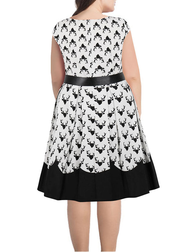 Fashion Lovely Women Pleats Printed Sleeveless Knee Length Plus Size A-Line Dress Back View