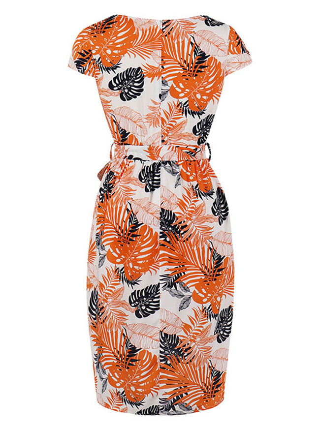 1950s Vintage Leaves Printed Round Neckline Cocktail Party Dresses