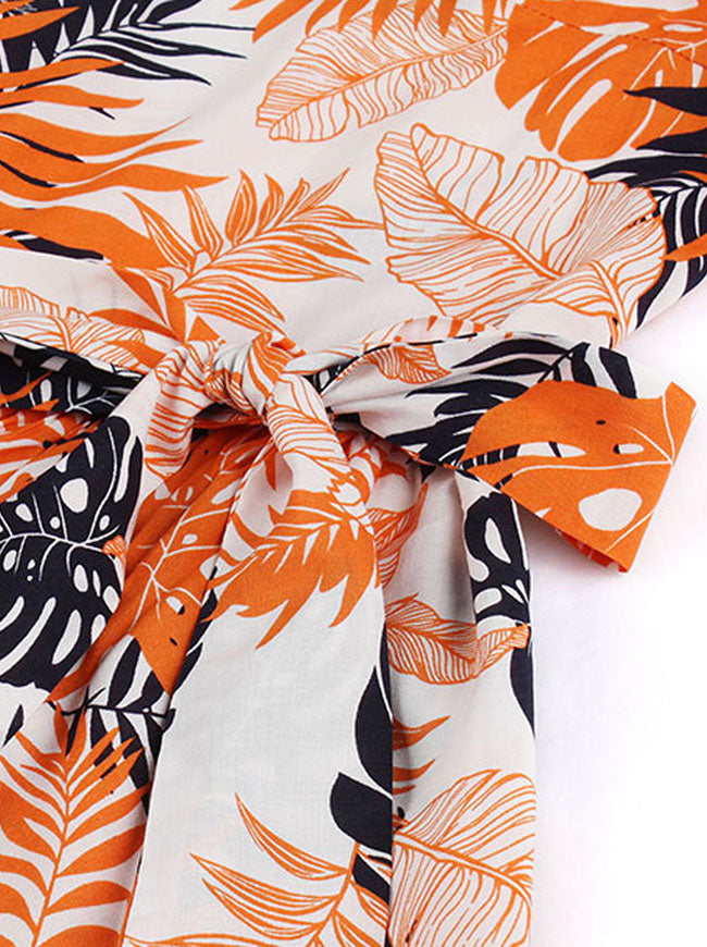 50s 60s Leaves Printed Short Sleeves Elegant Dresses with Belted