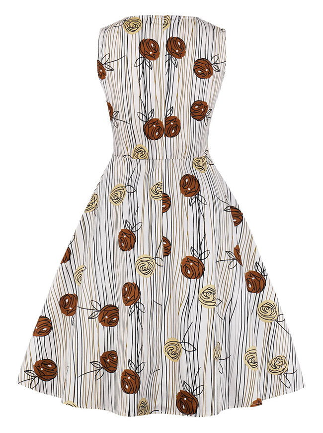 Casual Grain and Rose Printed Sleeveless Fit and Flared A-Line Swing Dress White Back View