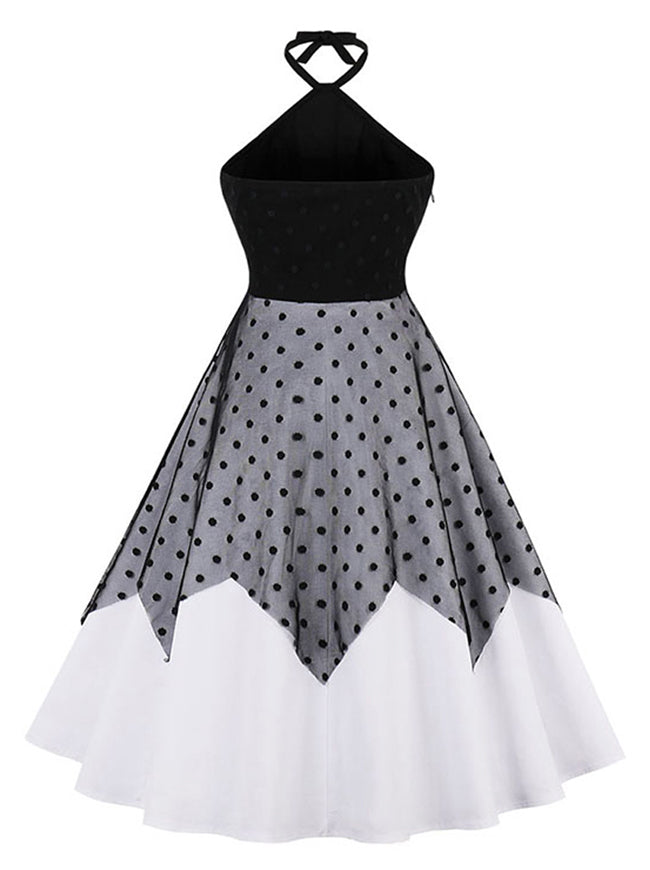 Women's Vintage Halter Backless Polka Dot Mesh Patchwork Midi Cocktail Party Dress Black/White Main View