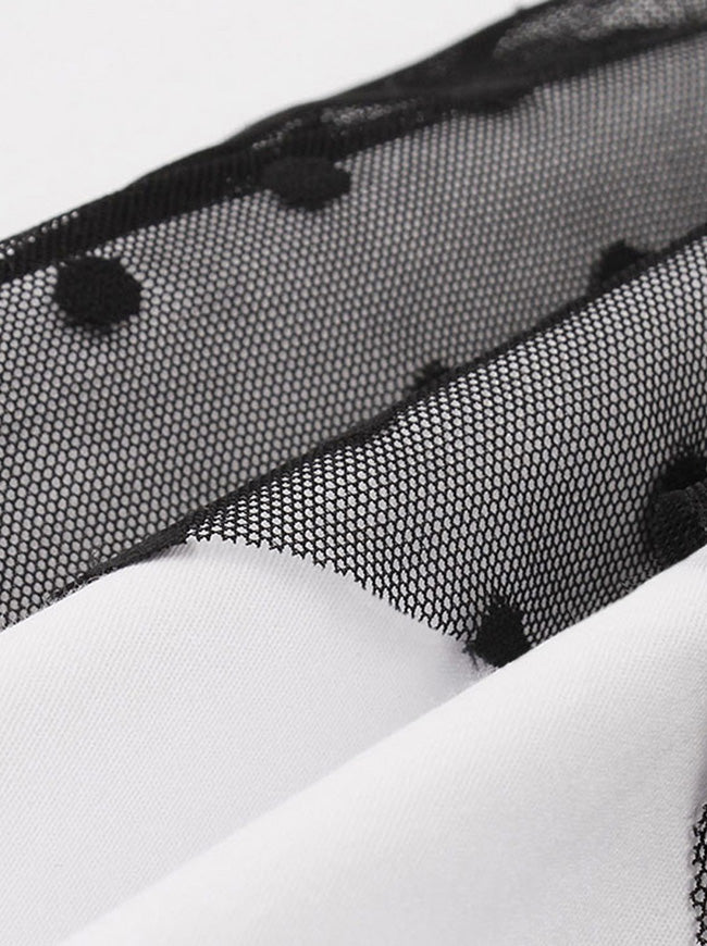 Women's Retro Halter Backless Polka Dot Mesh Patchwork Dress Black/White Detail View