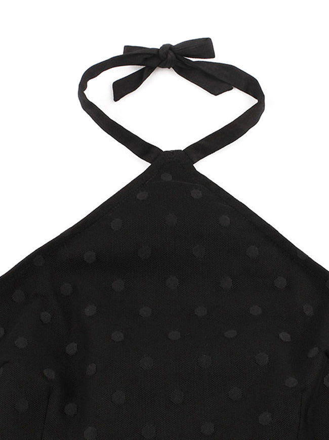 Women's Elegant Halter Backless Polka Dot Mesh Patchwork A-line Tea Midi Dress Black/White Detail View
