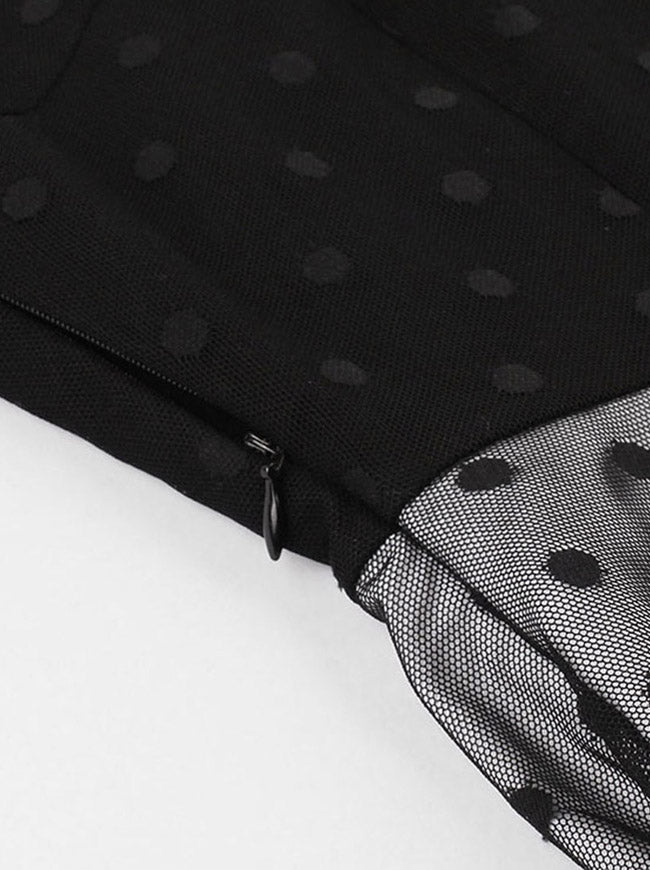 Women's Fashion Halter Backless Polka Dot Mesh Patchwork A-Line Swing Midi Club Dress Black/White Detail View