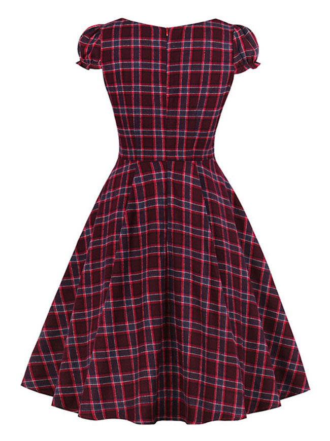 Women's Vintage Puff Sleeve Scottish High Waist Midi Christmas Dress with Belt Red Back View
