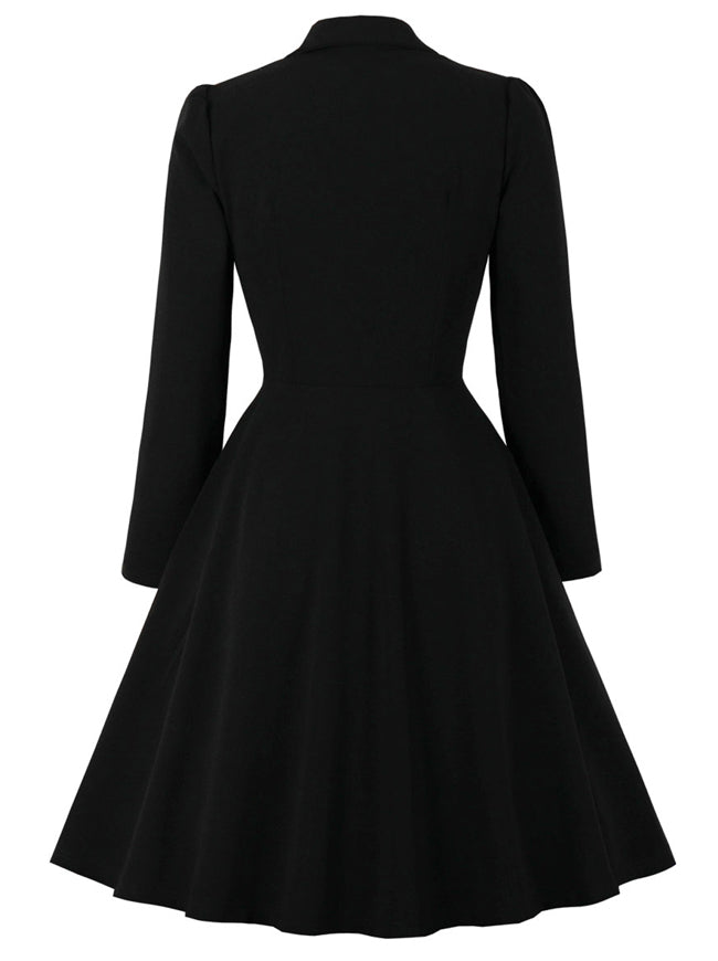 Classical Vintage Courtlike Lady Black Full-Length Sleeve Knee Length A-Line Dress Back View
