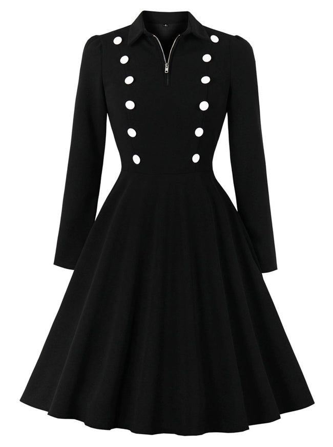 Vintage Retro British Style Double Breasted Flared Cocktail Midi Dress