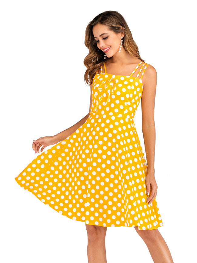 Classical Vintage Women Yellow Cotton Wave Point Sleeveless Ankle Length A-Line Dress Main View