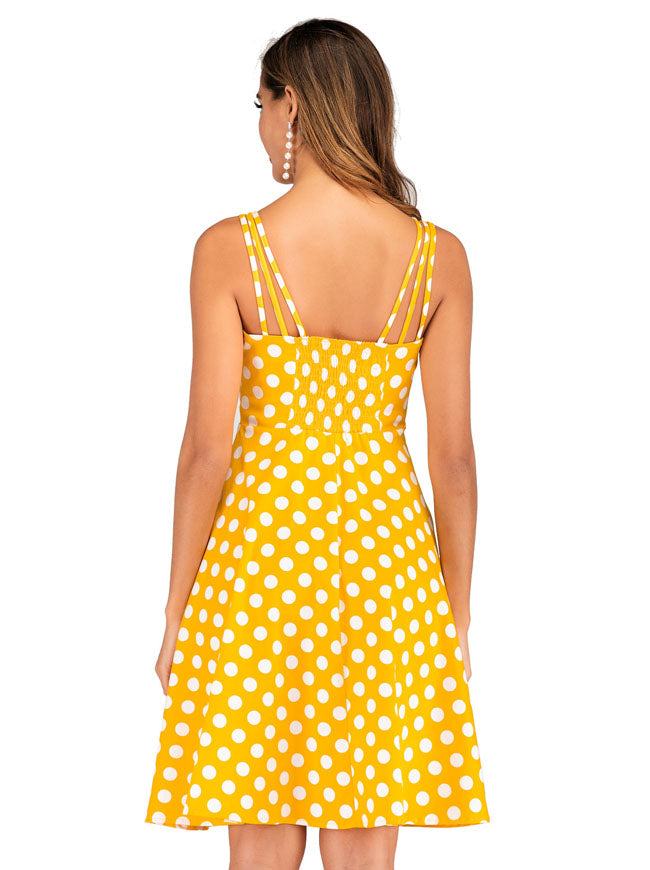 Lovely Vintage Lady Pleats Round Dot Sleeveless Party Babydoll Dress Back View