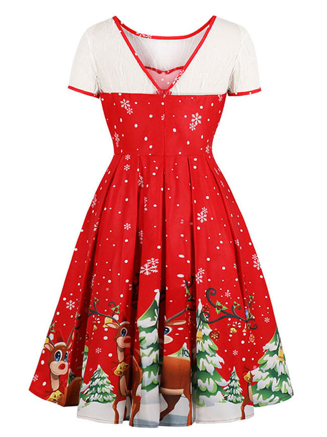 50s 60s Fashion Short Sleeves Knee Length Christmas Party A Line Dress