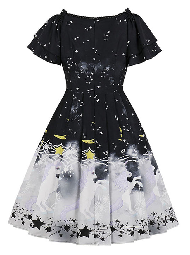 Women's Vintage Unicorn and Stars Printed Square Neck Short Sleeves Cocktail Party Dress Black/White Back View