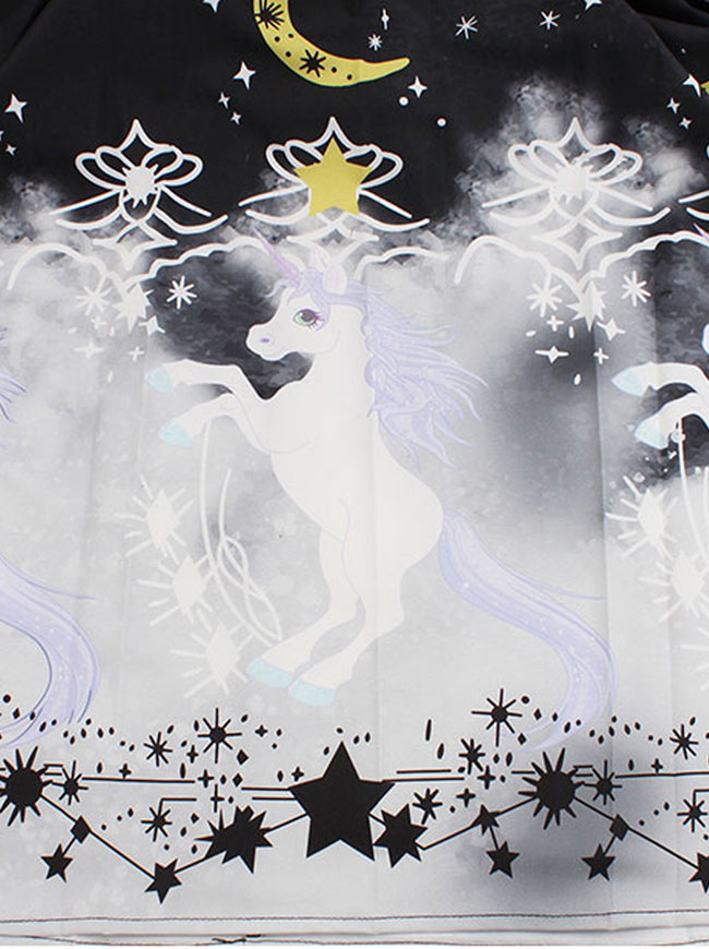 Women's Elegant Unicorn and Stars Printed Square Neck Short Sleevese Knee Length Dress Black/White Detail View