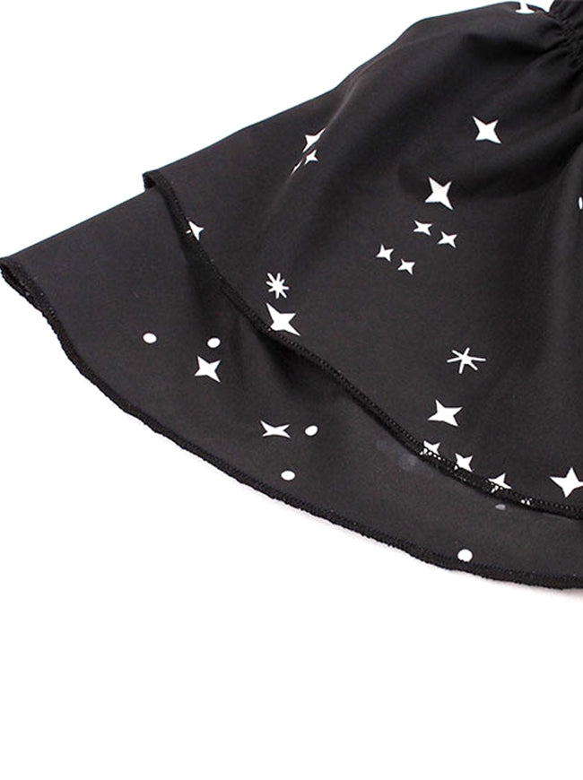 Women's Fashion Unicorn and Stars Printed Square Neck Short Sleeves Tea Dress Black/White Detail View